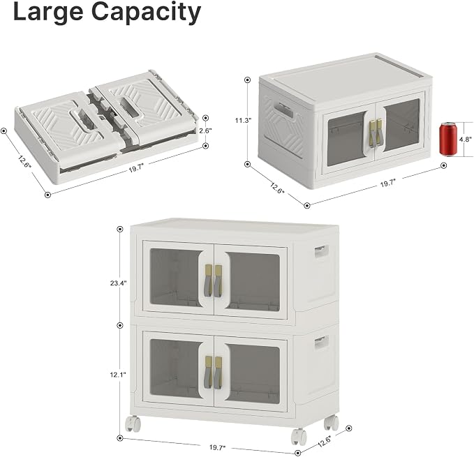 Stackable Storage Bins with Lids, 96QT Extra Large Storage Cabinets | Clear Doors, Foldable Storage Drawers, Heavy Duty, Collapsible Closet Organizers for Bedroom Office (2, White, 48, Quarts)