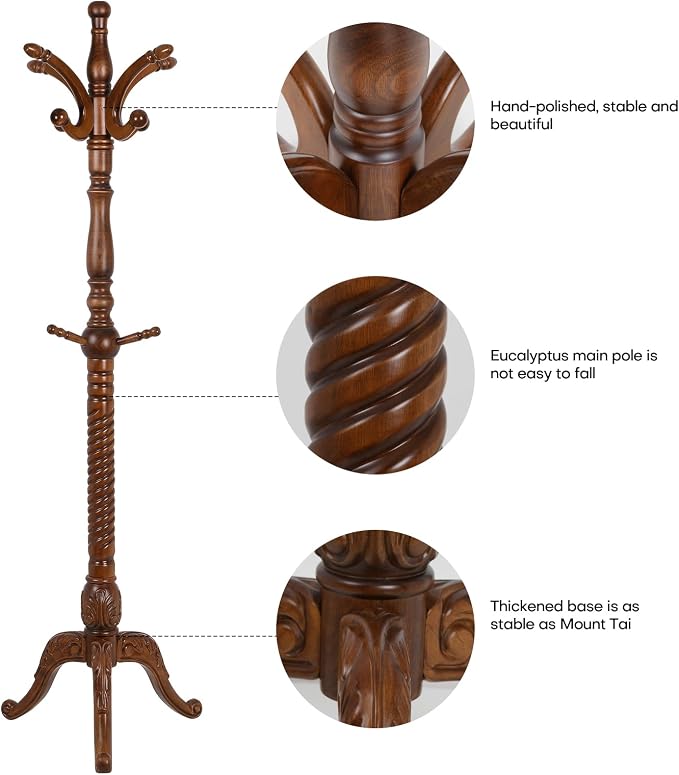 Bekrvio Freestanding Coat Rack Stand with 8 Hooks, 79" | Premium Ash Wood, Heavy Duty Standing Coat Hanger for Entryway, Hallway, Bedroom, Office, Apartment; Hangs Coats, Hats, Bags