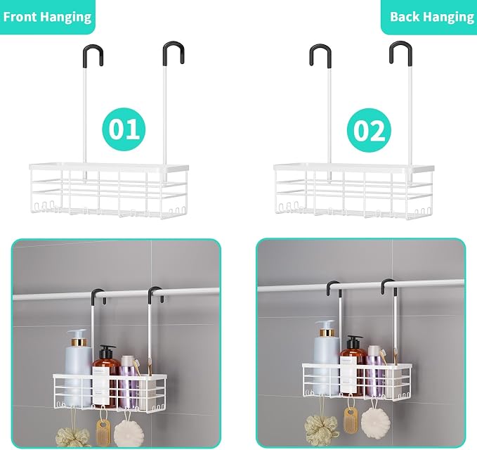 HapiRm Hanging Shower Caddy Organizer - No Drilling Shower Organizer with Hooks, Rustproof & Waterproof 304 Stainless Steel Bathroom Shelves - White (1 Basket)