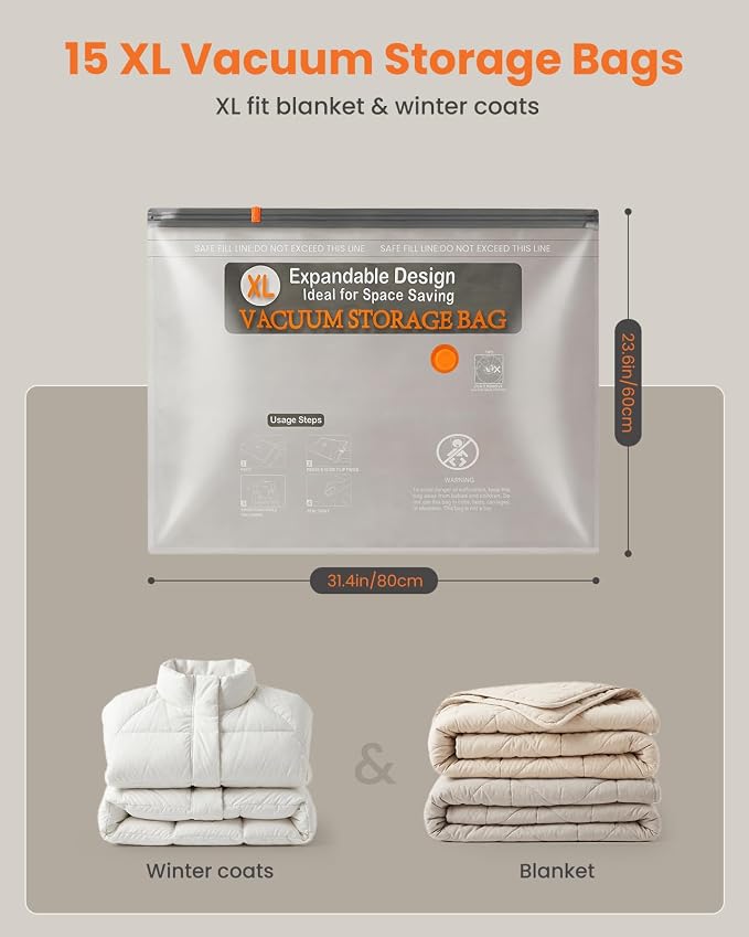 15 Pack XL Vacuum Storage Bags with Rechargeable Cordless Pump, Vacuum Seal Bags for Clothing, Bedding, Blankets, Pillows and Comforters, Space Saver Compression Bags for Luggage Packing and Moving