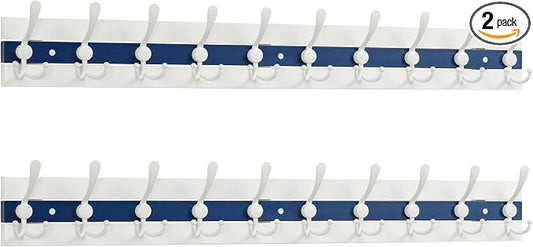 SKOLOO Coastal Coat Rack Wall Mount-38-1/8 Beach House Entryway Wooden Coat Hook with 10 Hooks for Hanging Coats, Hats or Towels, Oceanfront Cottage Core Collection, White & Blue, Pack of 2