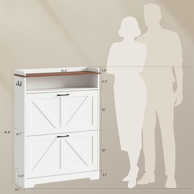 Farmhouse Shoe Cabinet Organizer with 2 Flip Drawers, 31.5" W White | Freestanding shoe cabinet with flip drawers ,space-saving storage for foyer hallway,Adjustable Shelves & 2 Hooks
