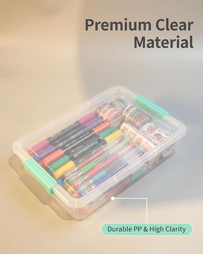 EOENVIVS Clear Storage Boxes with Lids 4 Pack Plastic Sensory Boxes with Secure Latches, Stackable Clear Storage Bins with Lids for Sewing Scrapbook Paper Craft Supplies Household Organizer