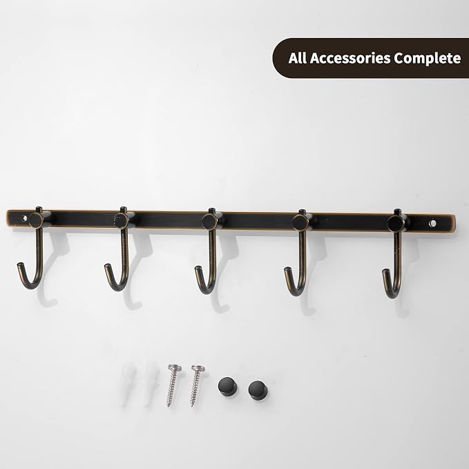 WINCASE Bronze Towel Hooks, Bathroom Rail Hook Rack Wall Mounted, Antique Oil Rubbed Brass Cloth Coat Rack with 5 Hooks Farmhouse