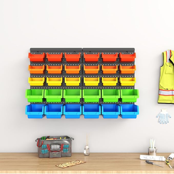 30-Bin Wall Mounted Storage Bins Kit, Tool Organizer Rack, Garage Hardware Organizer, 5 Color Parts Storage Bins, DIY Combination