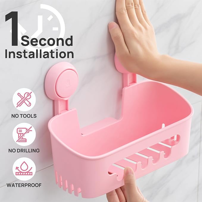 LEVERLOC Shower Caddy Suction Cup Set Shower Organizer & Soap Holder, Pink | Toothbrush Holder, Bathroom Shelf Basket NO-Drilling, Removable Suction Storage, Waterproof Bathroom Caddy