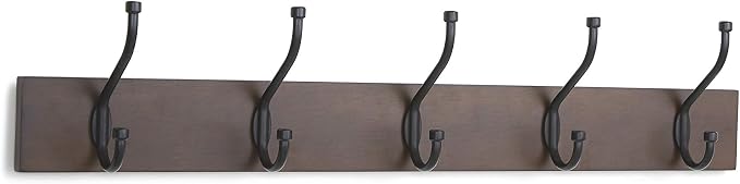 Amazon Basics Wall-Mounted Metal Coat Rack, 5 Hooks, Espresso | Farmhouse, Rectangular