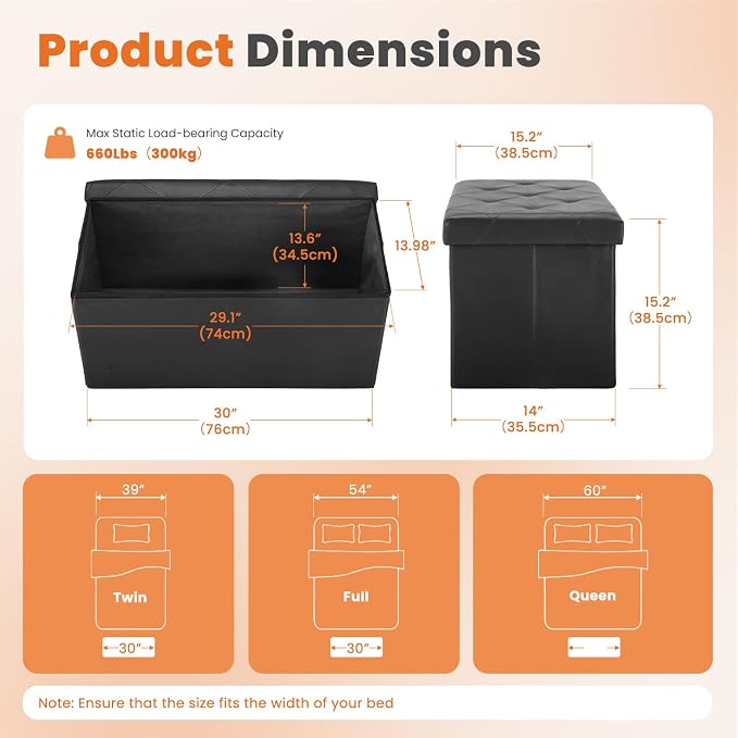 Sweetcrispy 30 Inch Storage Ottoman Bench, Folding Ottoman with Storage | Foot Rest Stool with Padded Seat, End of Bed Storage Bench for Living Room, Bedroom, Loads 660 LBS, Synthetic Leather, Black