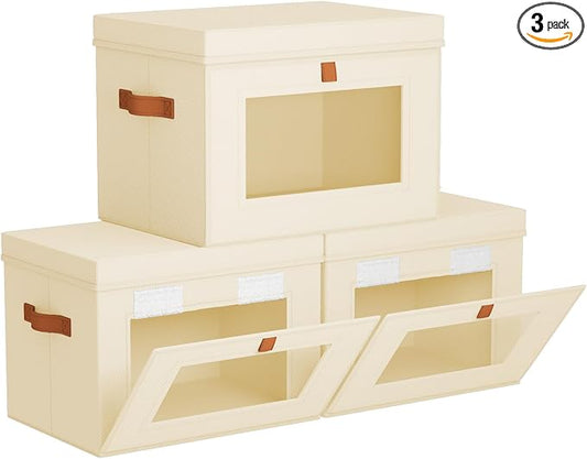 Homsorout Medium Fabric Storage bins - Collapsible Storage Bins with Open Window, 3 Pack Closet Baskets for Shelves, Stackable Decorative Boxes for Home, Dorm, Beige, 13.7"x 9.8" x 9.8"