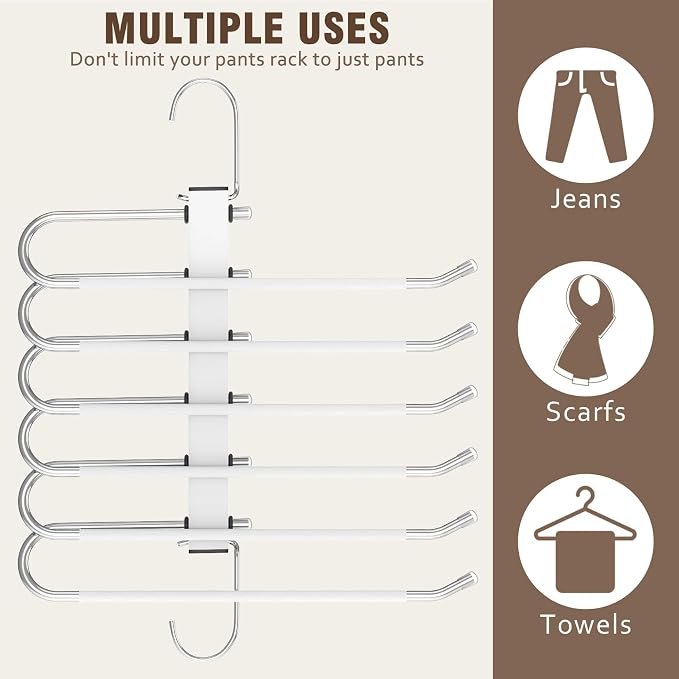 HUITEM Space Saving 6 Tier Pant Hangers, Anti-Slip, Lightweight, Stainless Steel, 2 Pack, White