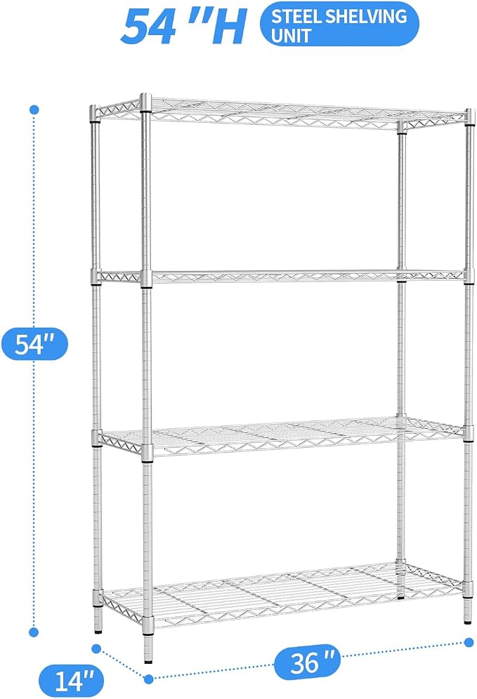 BestOffice | 4-Tier Wire Shelf | 36" x 14" x 54" | Chrome | Storage Shelves with Adjustable Racks, Holds upto 1000 lbs | Rust-Resistant, No-Tool Assembly | For Home, Garage