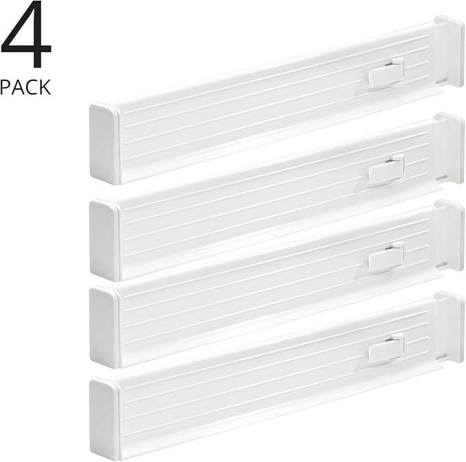 mDesign Expandable Dresser Drawer Divider with Foam Ends, Drawer Divider Locks in Place, Separators for Clothing and Accessories in Closet or Dresser Drawer, Ligne Collection, 4 Pack, White