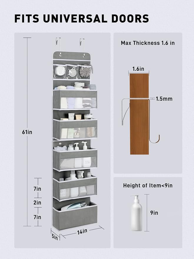 Yecaye Over the Door Storage Organizer for Nursery Closet 6 Tier Grey | 2 in 1 Swing-proof Hanging Bathroom Storage Organization, Bedroom Organizer and Storage for Newborn Baby Essentials