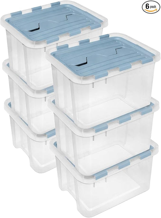 SteriliteHinged Lid Storage Box Plastic Container, 60 Quart, 6 Pack | Washed Blue - Home Organizer Tote for Storing Shoes, Crafts, Clothing, or Decor