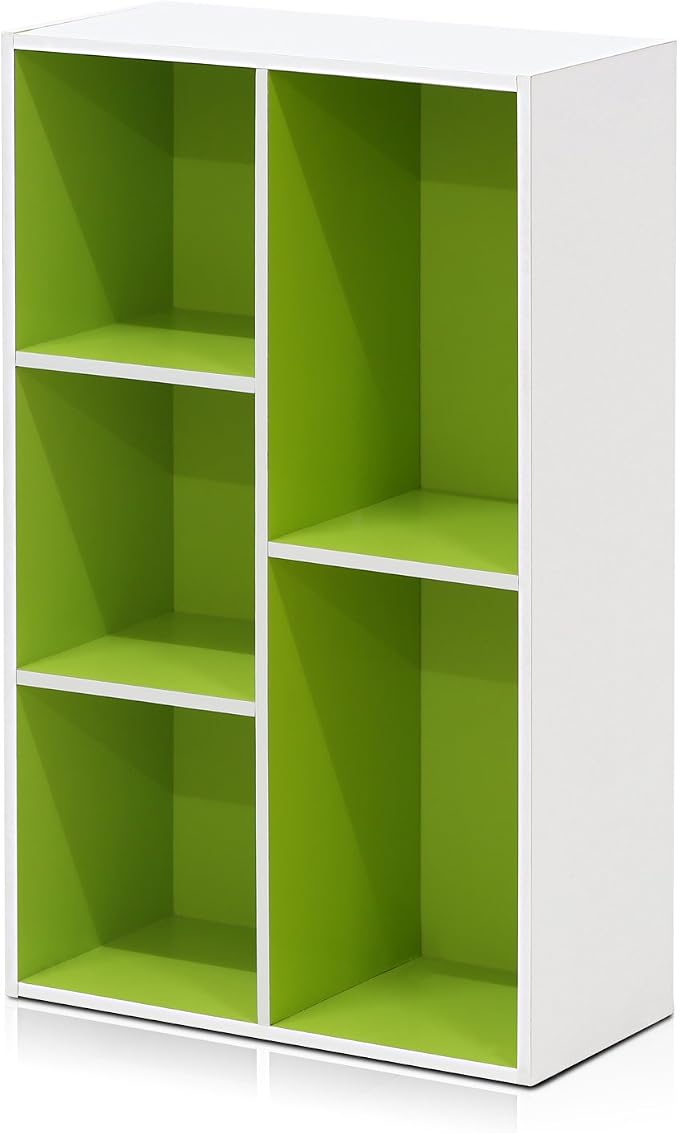 Furinno LUDER Book Shelf, 5-Cube Bookshelf, Reversible Bookcase, 9.4 x 19.5 x 31.5, Easy Assembly, for Living Room, Bedroom, Home Office, White/Green