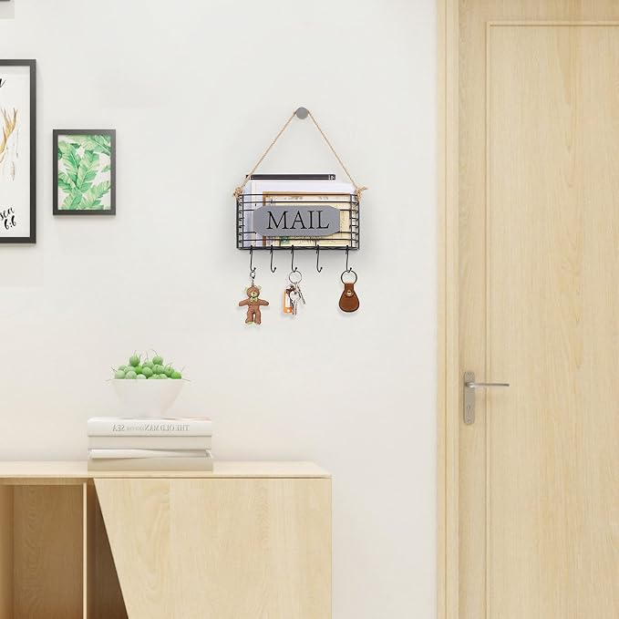 SRIWATANA Mail Organizer Wall Mount, 5 Key Hooks, Small, Weathered Grey | Mail Holder Key Holder for Wall, Hanging Mail Sorter, Letter Basket for Receipts Bills Envelopes, Home & Office Organizer