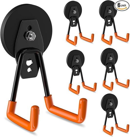 ENUODA Strong Magnetic Hooks Heavy Duty - Neodymium Magnetic Wreath Hanger, Garage Hooks for Garden Tools, Power Tools, Broom, Mops, Tool Chest, Barn, Van, Container, 6 Pack