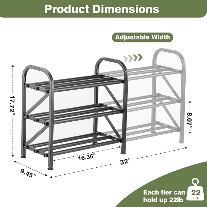 3 Tier Expandable Shoe Rack for Closet, Adjustable Small Shoe Organizer Storage, Heavy Metal Free Standing Narrow Shoe Racks for Entryway, Garage, Doorway Black 16"-33"