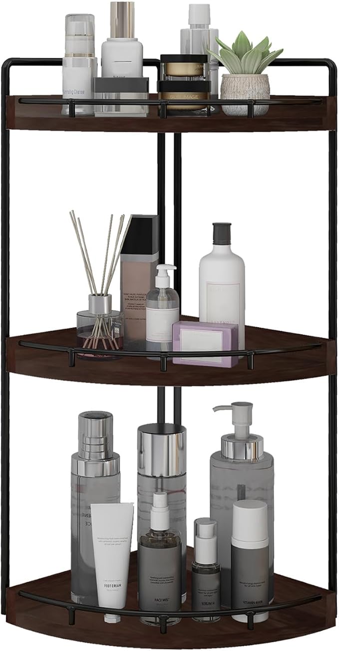 Dorhors Corner Bathroom Organizer Countertop,Vanity Counter Storage Shelf | 3 Tier Walnut Stand Rack Holder for Kitchen,Dresser,Restroom,Wood Bathroom Sink Tray for Makeup,Perfume,Skincare,Lotion