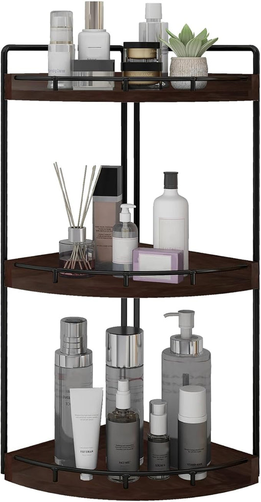 Dorhors Corner Bathroom Organizer Countertop,Vanity Counter Storage Shelf | 3 Tier Walnut Stand Rack Holder for Kitchen,Dresser,Restroom,Wood Bathroom Sink Tray for Makeup,Perfume,Skincare,Lotion