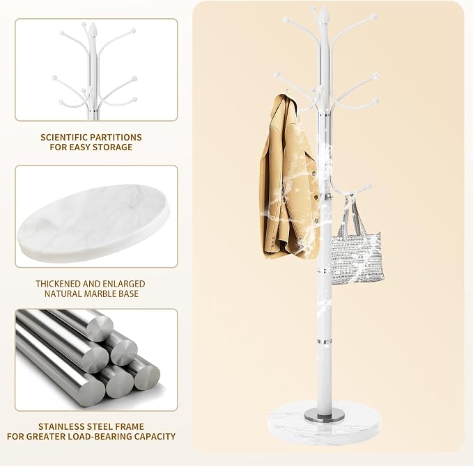 OIRUMIE Coat Rack,Coat Rack Freestanding with 12 Hooks for Entryway,Corner | Metal Coat Rack Stand with Natural Marble Base, White Modern Coat Hanger Stand, Clothes Hall Tree Stand for Hallway