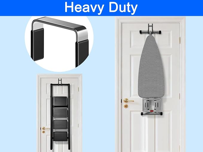 Double Over Door Steel Hooks 2 Pack Fit 1-3/8" Door 5.5" Black | Plastic Coated Rubber Feel Towel Rack Robe Coat Shoe Wreath Hanger No Damage No Scratch for Bathroom Heavy Duty Thin Top
