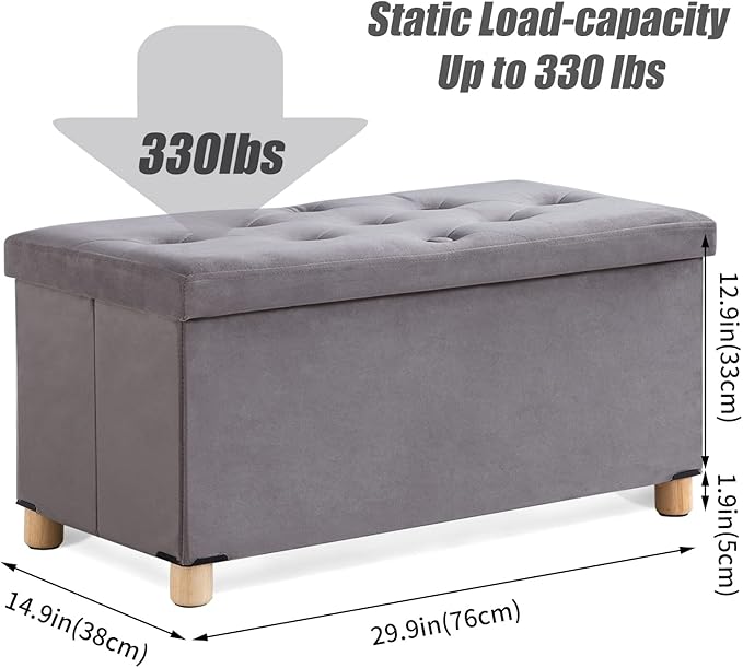 BRIAN & DANY 30 Inches Folding Storage Ottoman Bench, Ottoman with Storage for Living Room, with Wooden Feet and Lid, Grey