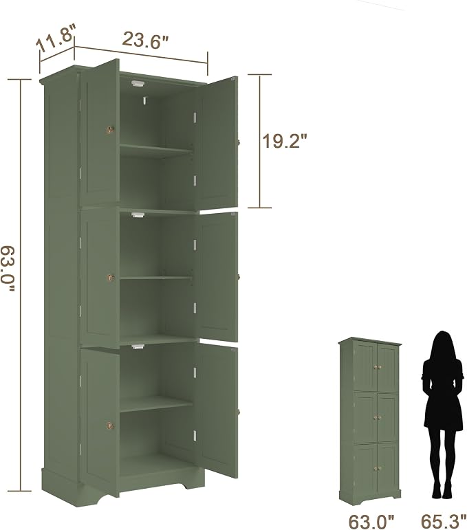 ChooChoo 63.2" Tall Bathroom Storage Cabinet with 6 Doors | Freestanding Floor Cabinet, Adjustable Shelves, Pantry Cabinet for Bathroom, Kitchen, Laundry Room, Green