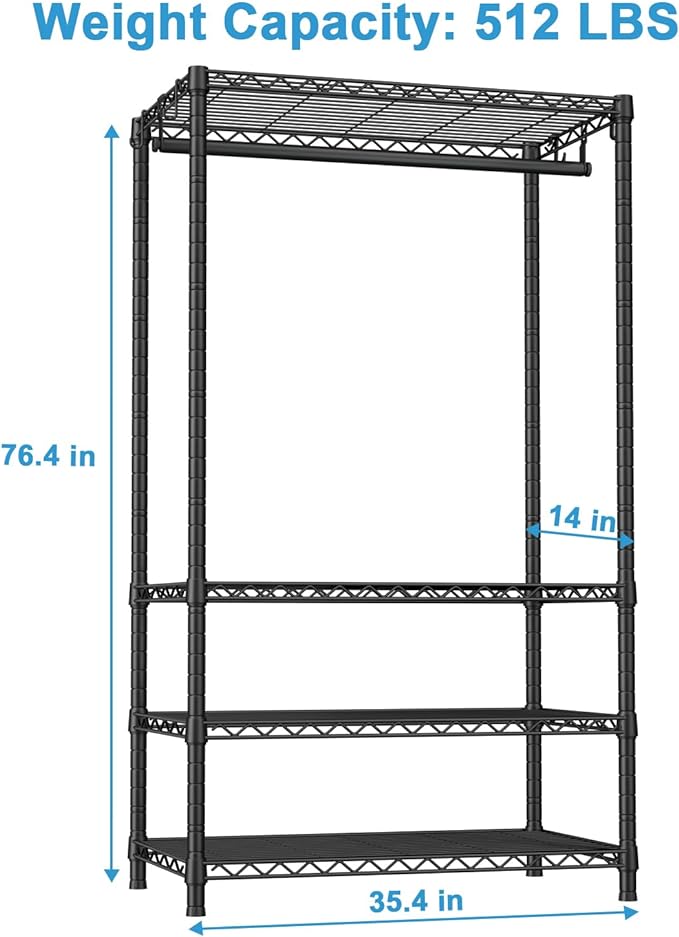 Ulif H4 Portable Closets, 4-Tier Metal Clothes Garment Rack for Bedroom and Cloakroom, Clothing Closet Storage and Organizer Wardrobe, 35.4" W x 14" D x 76.4" H, Black | Freestanding Clothing Closet Storage and Organizer Wardrobe for Apartment and Cloa...