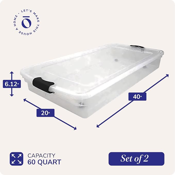 HOMZ 2-Pack Under Bed Storage Containers with Wheels - Home Organization Clear Plastic Storage Bins with Lids and Secure Latches - Durable, Stackable & Low-Profile, 60 Quart | Stackable Underbed Container Set for Shoes, Bags, Clothes, and Towel Organiz...