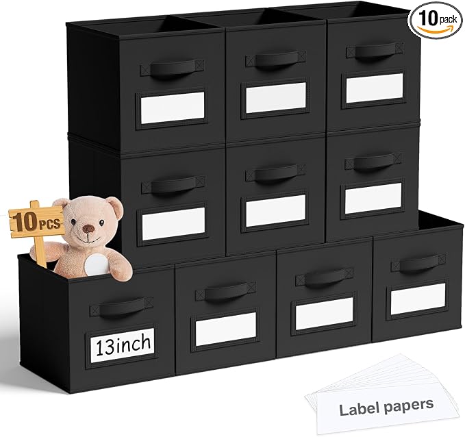 Teenyyou 10 Pack Fabric Storage Cubes 13 Inch Collapsible Cube Bins with Label Window & Handle Foldable Organizers Baskets for Shelf Closet Nursery Kids Room Clothes Book Toy(Black)