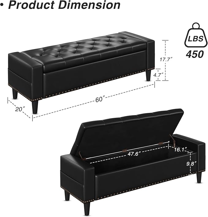 60" Storage Ottoman Bench, Faux Leather Upholstered Bed Bench with Tufted Buttons and Nailhead Trim, Large Ottoman with Storage for King Size End of Bed, Bedroom, Entryway, Hallway (black)