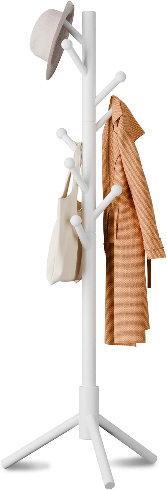 8-Hook Freestanding Coat Rack 3 Heights Safe Round Tips White | Smooth Round Tips Prevent Slipping,Tool-Free Assembly,Holds Clothes Hats Handbags,Ideal for Entryway Bedroom Hallway Office