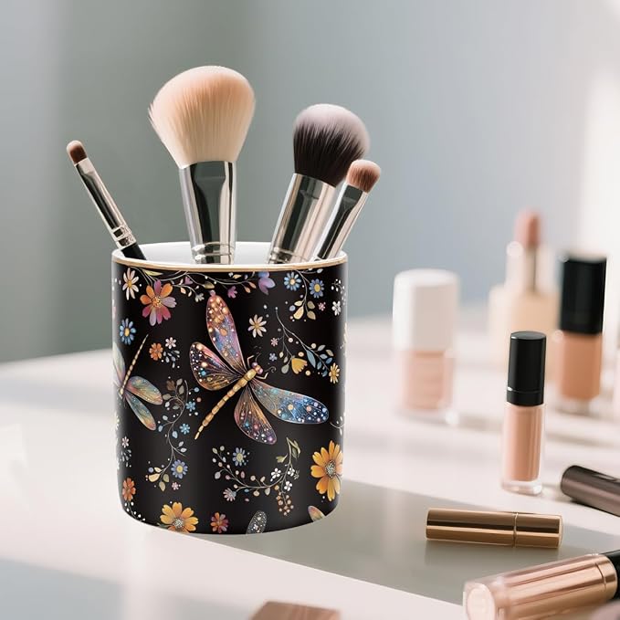 Pen Holder, Pencil Cup for Desk, Cute Makeup Brush Holder, Durable Ceramic Organizer Decor for Room, Office, Classroom, Cute Dragonfly Pattern