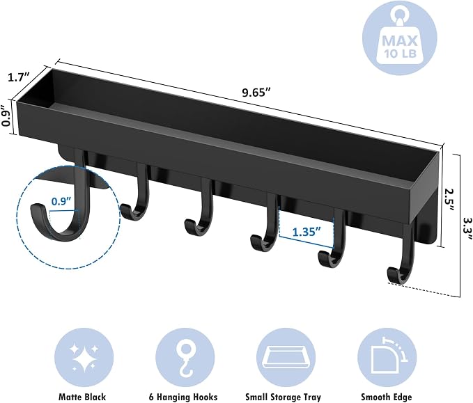 Magnetic Key Holder, Wall Mount Key Rack with Shelf, 9.65 in, Black | Metal Material, Small Size, 6 Metal Hooks, 2 Installation Ways, for Fridge, Entryway, Kitchen, Bathroom, Garage, RV, Office
