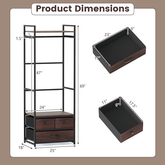 Tangkula Freestanding Small Clothes Rack, Heavy Duty Coat Rack with Drawers, Shelves, Hooks & Hanging Rod, Metal Closet Organizer Garment Rack, Industrial Hall Tree for Entryway, Hallway, Bedroom
