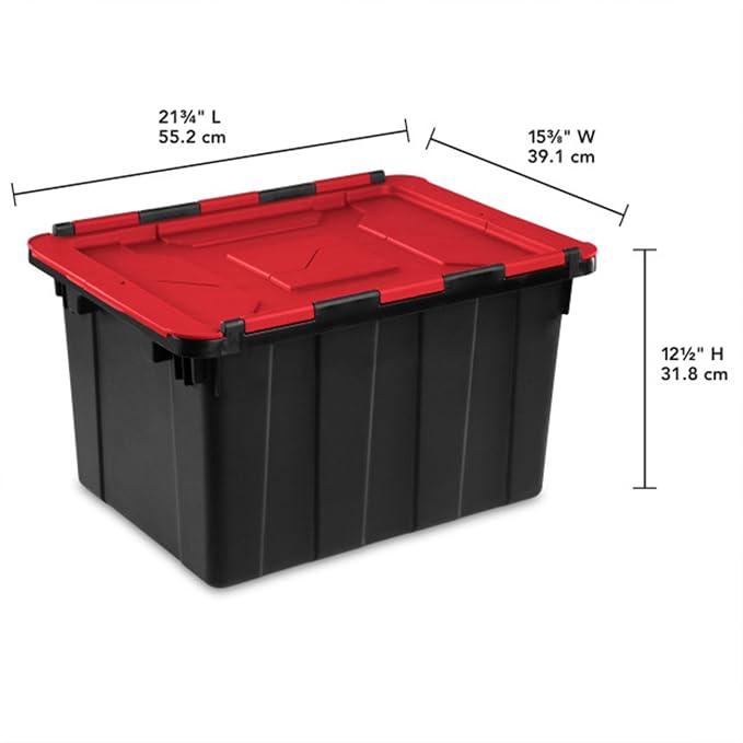 Sterilite Industrial Storage Tote with Lids for Garage, 12 Gallon, 12-Pack | Heavy-Duty and Stackable Utility Box Containers for Home, Office, and Basement Organization, Black/Red