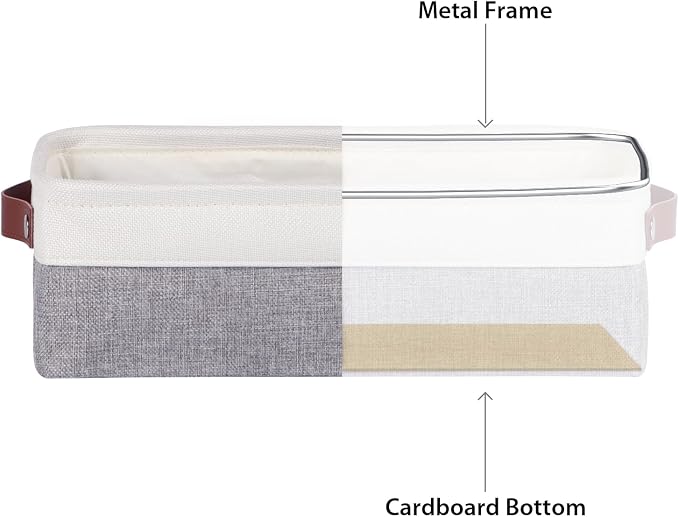 Univivi Small Narrow Fabric Storage Bins,Gray,15x6x5 inch,4 Pack | Hard Cardboard Bottom,Metal Frame,Foldable,PU Handles,Storage Baskets Organizing Small Items