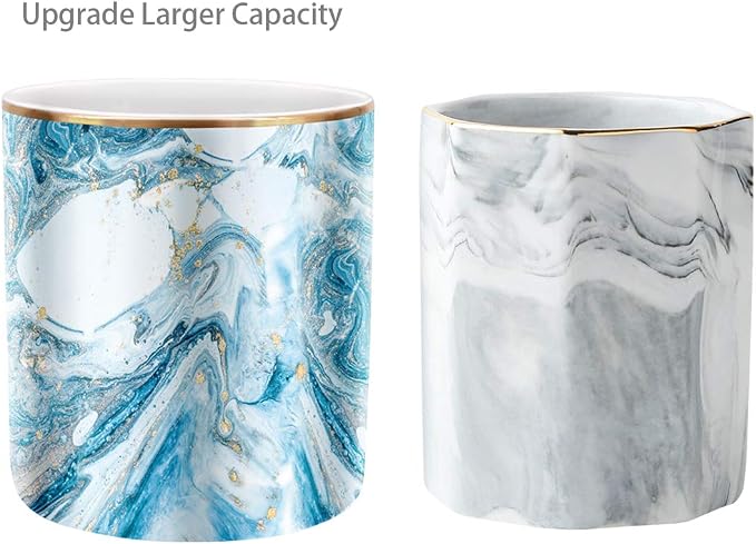 Pen Pencil Holder for Desk, Marble Desk Decor Organizer, Durable Ceramic Pencil Cup Holder Marble Design Makeup Cups for Brushes for Office, Classroom, Blue