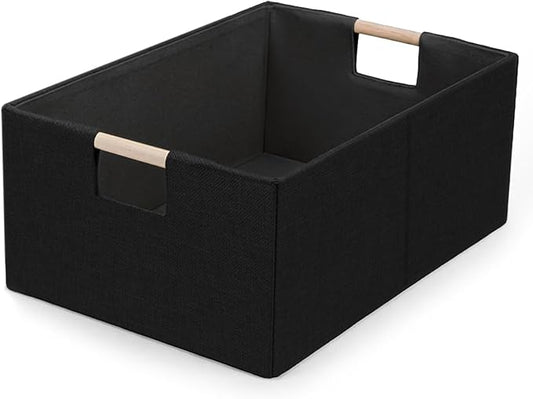 Foldable Fabric Storage Cubes, Cloth Storage Baskets with Wooden Handles, Shelf Closet Organizer Bins, Rectangular Linen Storage Boxes for Decor, 16.5 x 12.2 x 6.7 Inches