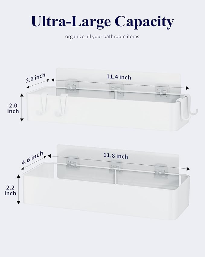 Kitsure Shower Caddy Adhesive, Stylish Shower Organizer, Large, White | 2 Pack Shower Shelf for Inside Shower, 100% Rustproof Metal Shelves, No-Drill Bathroom Organizers and Storage
