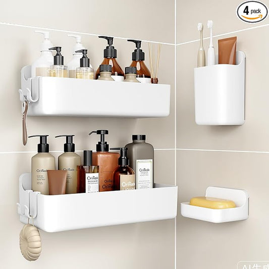 Orimade Shower Caddy 4-Pack, No-Drill Adhesive Shelves for Bathroom, Rustproof ABS Storage Organizer Set, White