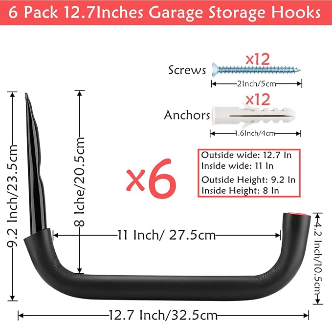 6 Pack Heavy Duty Garage Storage Hooks, 12.7 Inch Wall Mounted Utility Hanger & Organizer to Hanging Ladder, Canoe Paddleboard, Surfboard, Skiboard, Hose, Folding Chairs, Bike and Garden Tools