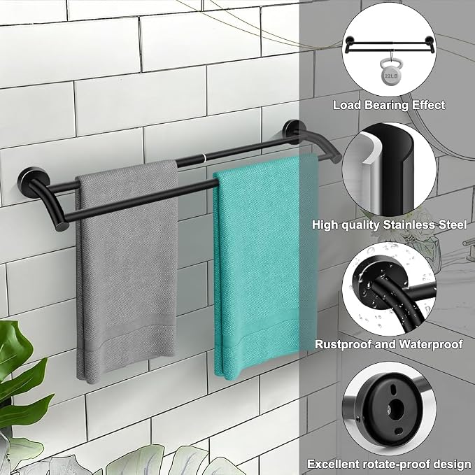 MGahyi Black Telescopic Double Towel Bar Wall Mount 14.5-24.8Inch | Rustproof Towel Rack with Widened Spacing, Scratch-resistant & Durable for Bathroom Kitchen RV