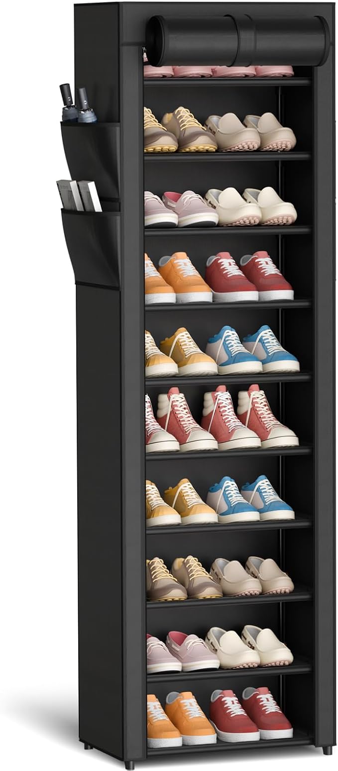 Kitsure 10-Tier Shoe Rack with Cover, Vertical Shelf, 17.5" Wide, Black | Space Saving Shoe Storage with Side Pocket, Shoe Organizer for Closet, Entryway, Bedroom, Zapateras Organizer