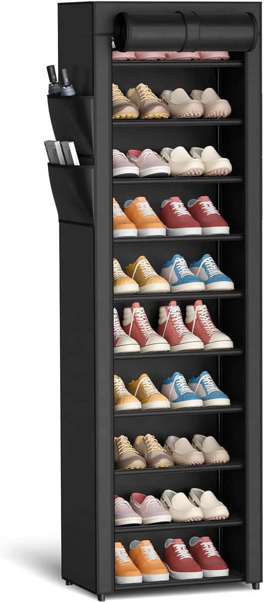 Kitsure 10-Tier Shoe Rack with Cover, Vertical Shelf, 17.5" Wide, Black | Space Saving Shoe Storage with Side Pocket, Shoe Organizer for Closet, Entryway, Bedroom, Zapateras Organizer