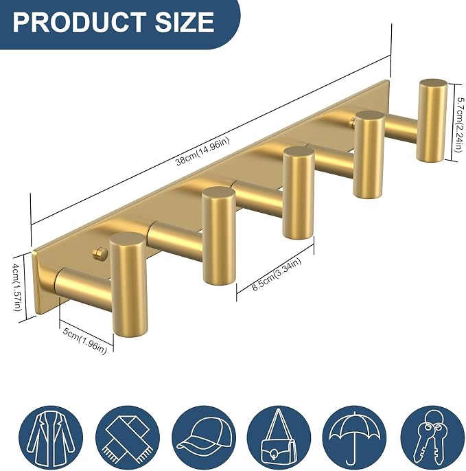 PMMASTO Coat Rack Wall Mounted, 5 "T Shaped Wall Hooks for Hanging, Heavy Duty Stainless Steel Coat Hook Rail for Hat Towel Robes in Bathroom Kitchen Mudroom Entryway (Gold, 1 Pack)