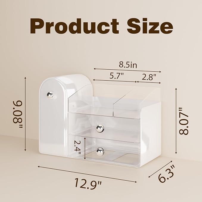 lurcns Makeup Organizer with Dustproof Brush Holder for Vanity, Large Cosmetics Organizer and Bathroom Countertop Skincare Storage with 2 Clear Drawers for Lipstick, Perfume, Eyeshadow Palettes,White