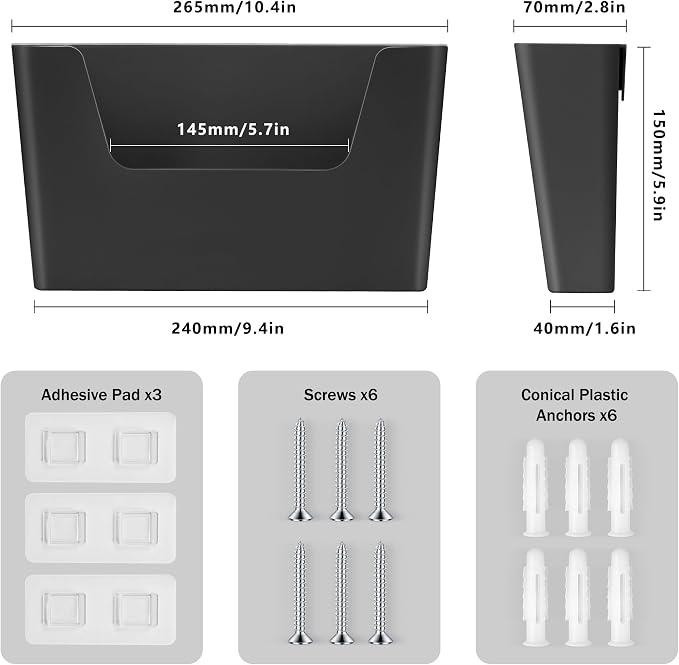 JOMOLA No Drilling File Holder 3 Pack Mail Organizer Wall Mount File Organizer Holder Office Wall Hanging Files Magazines Organizer Plastic Door Mount Wall Pocket with Adhesive Pad, Black Color