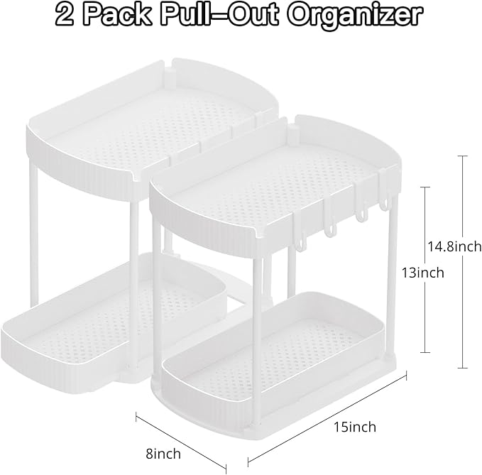 Ukeetap 2 Pack Multi-Purpose Pull-Out Storage Organizers, Under Sink Organizers and Storage for Bathroom & Kitchen, Under Cabinet Organizers and storage, 14.8 Inch, White